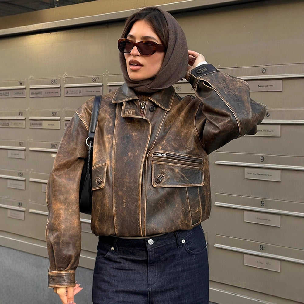 Women Vintage-inspired Oversized Leather Bomber Jacket with Used Look Mune Fashion