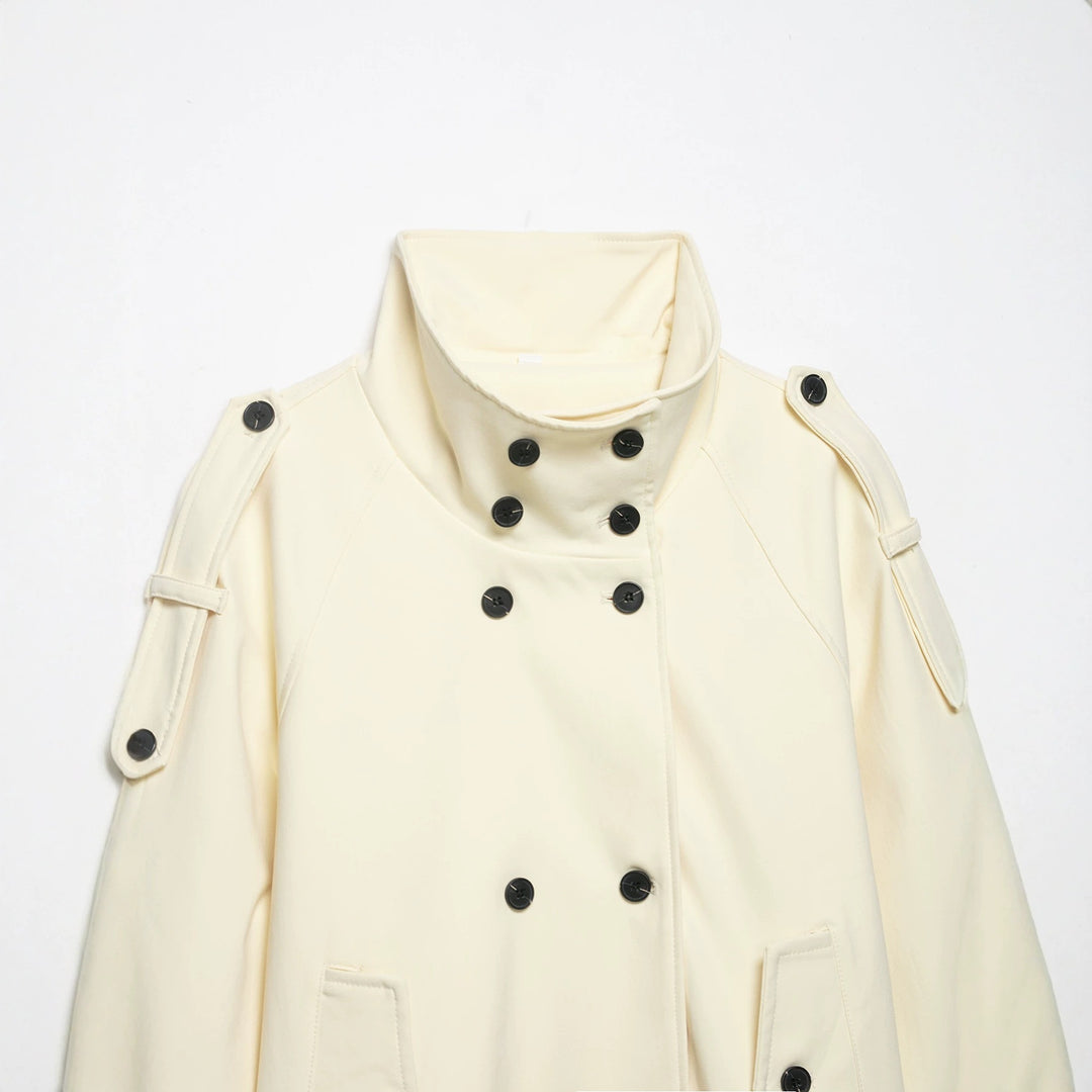 Women’s short coat in trench coat style with double breasted and waist belt Mune Fashion