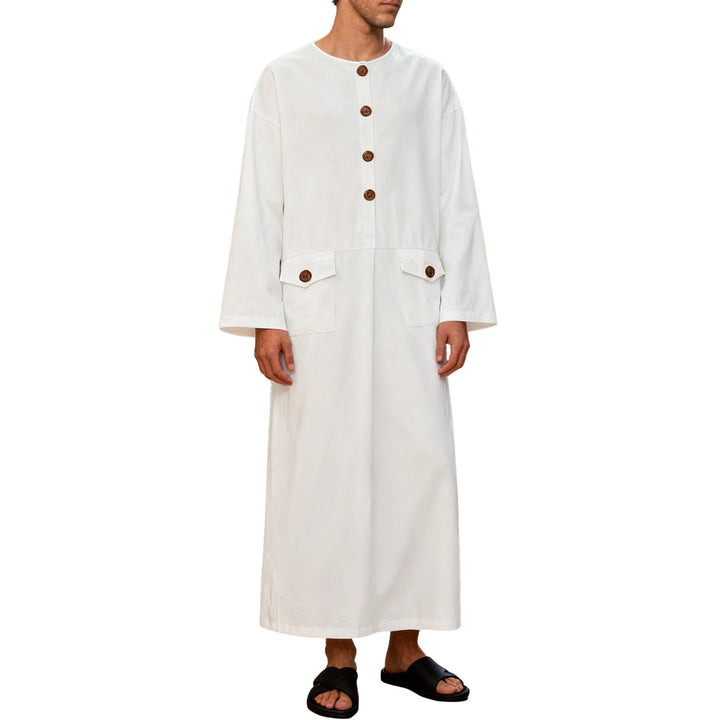 Men's long minimalist coat with round neckline, continuous button placket, and applied flap pockets Mune Fashion