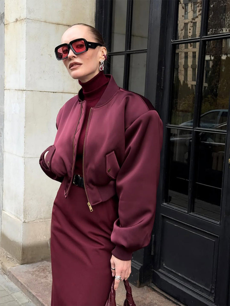 Ladies Short Satin Bomber with Boxy Silhouette, Flap Pockets and Elastic Cuff Mune Fashion