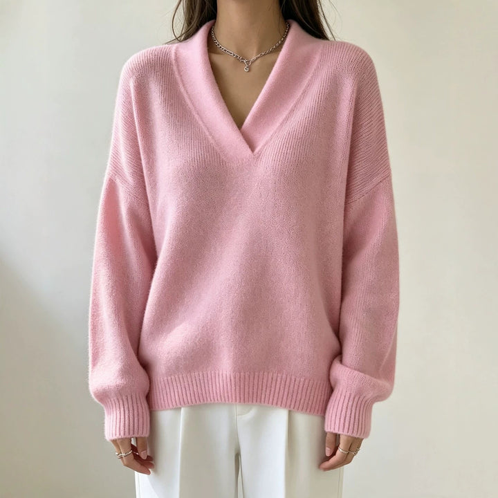 Women Cashmere-Touch V-Neck Relax Sweater with Raglan Sleeves Mune Fashion