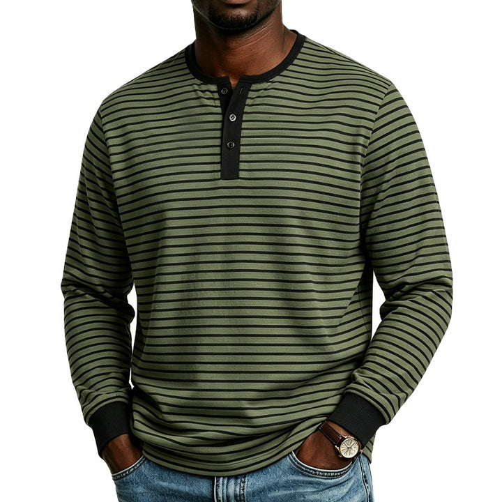 Men Striped Long Sleeve Henley Shirt Made of Cotton Blend with Button Placket Mune Fashion