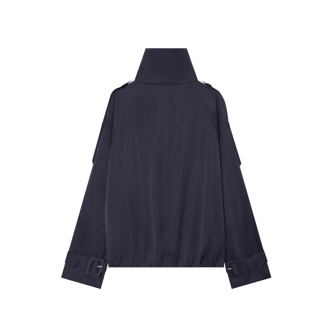 Women's Short Double-Breasted Cape Trench with High Funnel Neck and Sleeve Straps Mune Fashion