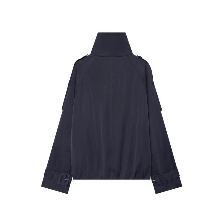 Women's Short Double-Breasted Cape Trench with High Funnel Neck and Sleeve Straps Mune Fashion