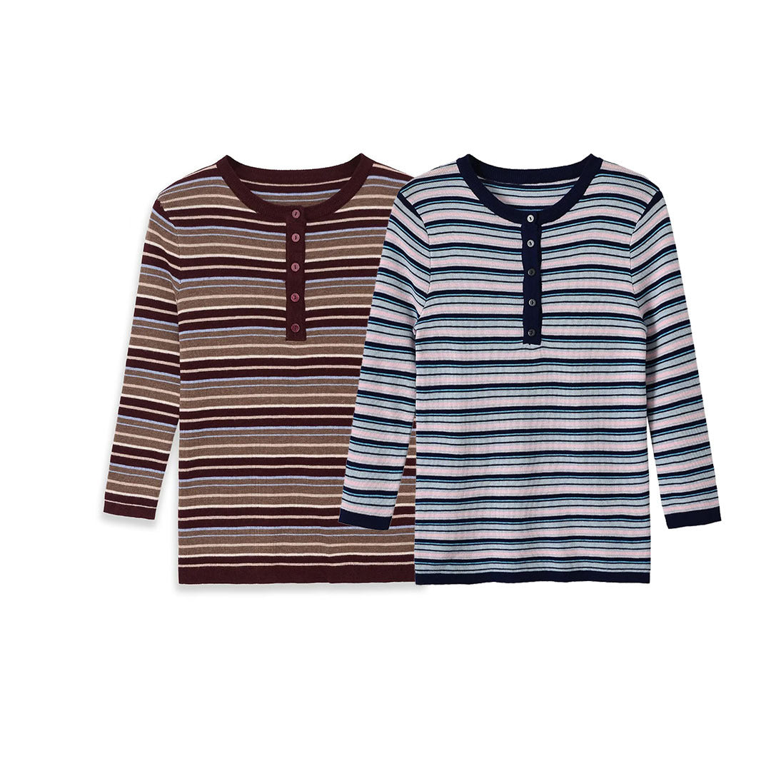 Women's fine knit Henley shirt with fine stripe structure and button placket Mune Fashion