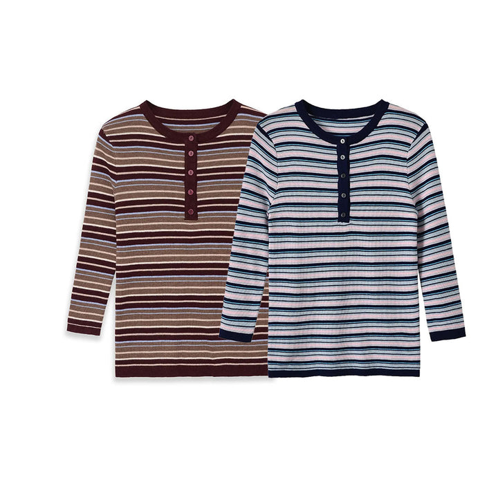 Women's fine knit Henley shirt with fine stripe structure and button placket Mune Fashion