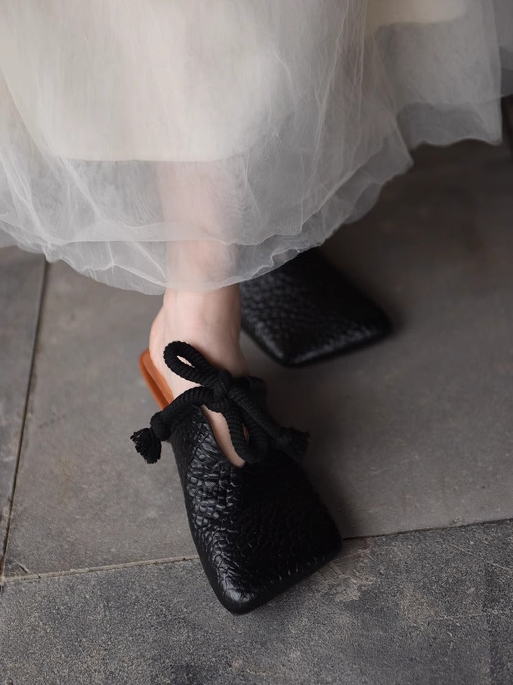 Women's Square Leather Mules with Knotted Rope Loop and Textured Surface Mune Fashion