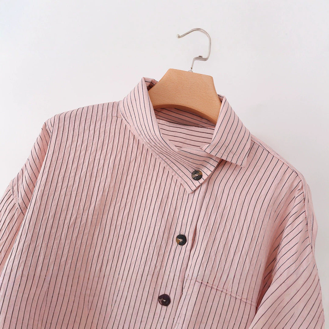 Women's Oversize Blouse with Stand-Up Collar, Fine Pinstripes and Continuous Button Placket Mune Fashion