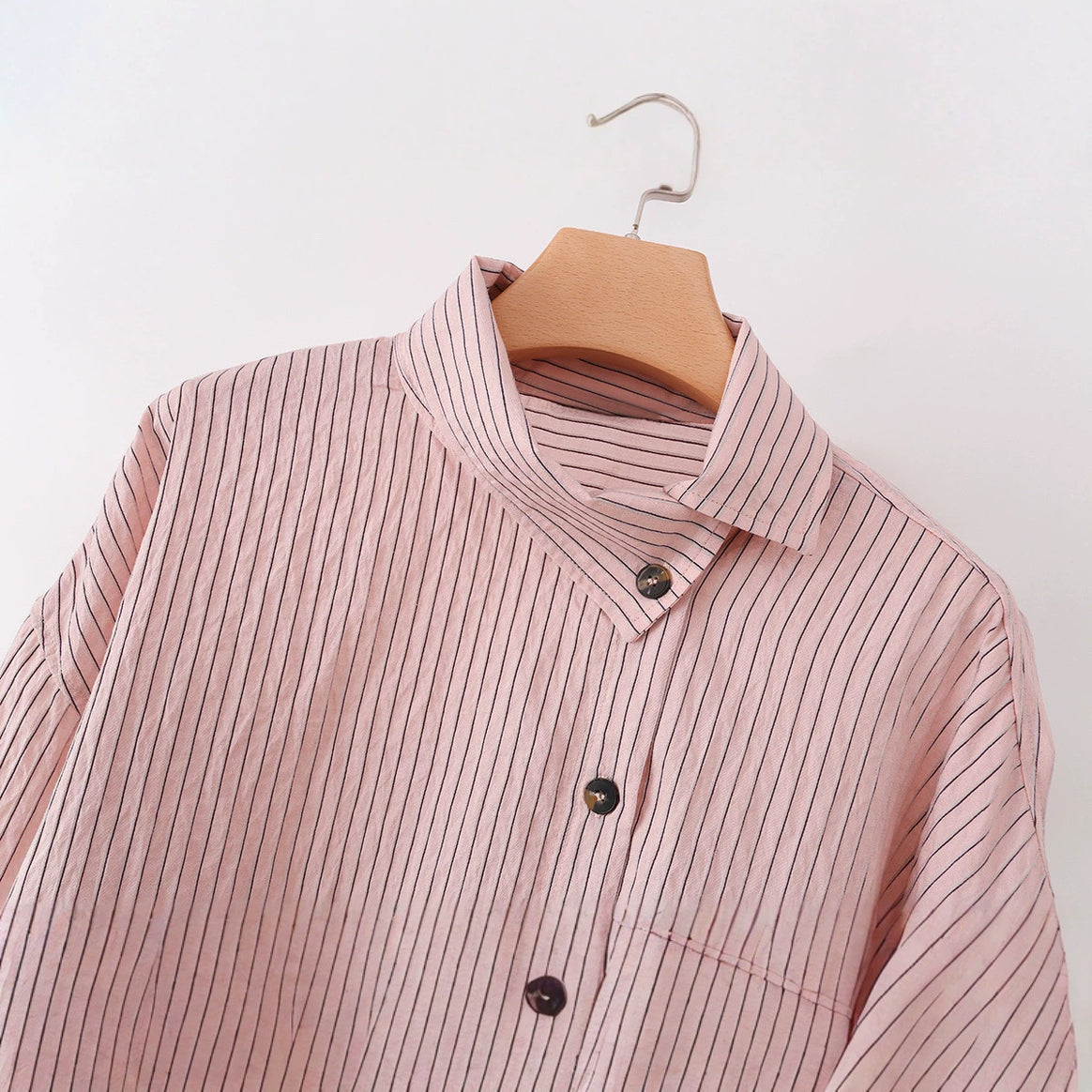 Women's Oversize Blouse with Stand-Up Collar, Fine Pinstripes and Continuous Button Placket Mune Fashion