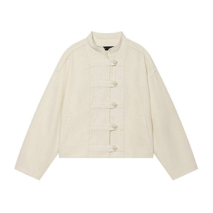 Women's Cropped Jacket with Stand-up Collar and Decorative Knot Buttons Mune Fashion
