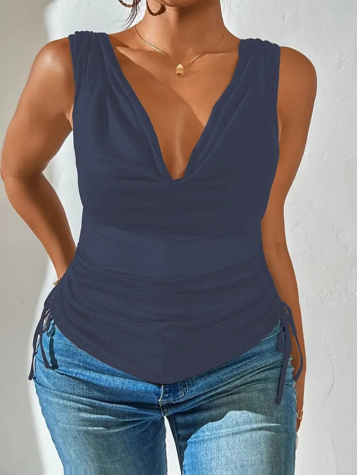 Women Sleeveless Draped V-Neck Top with Side Tuck Mune Fashion