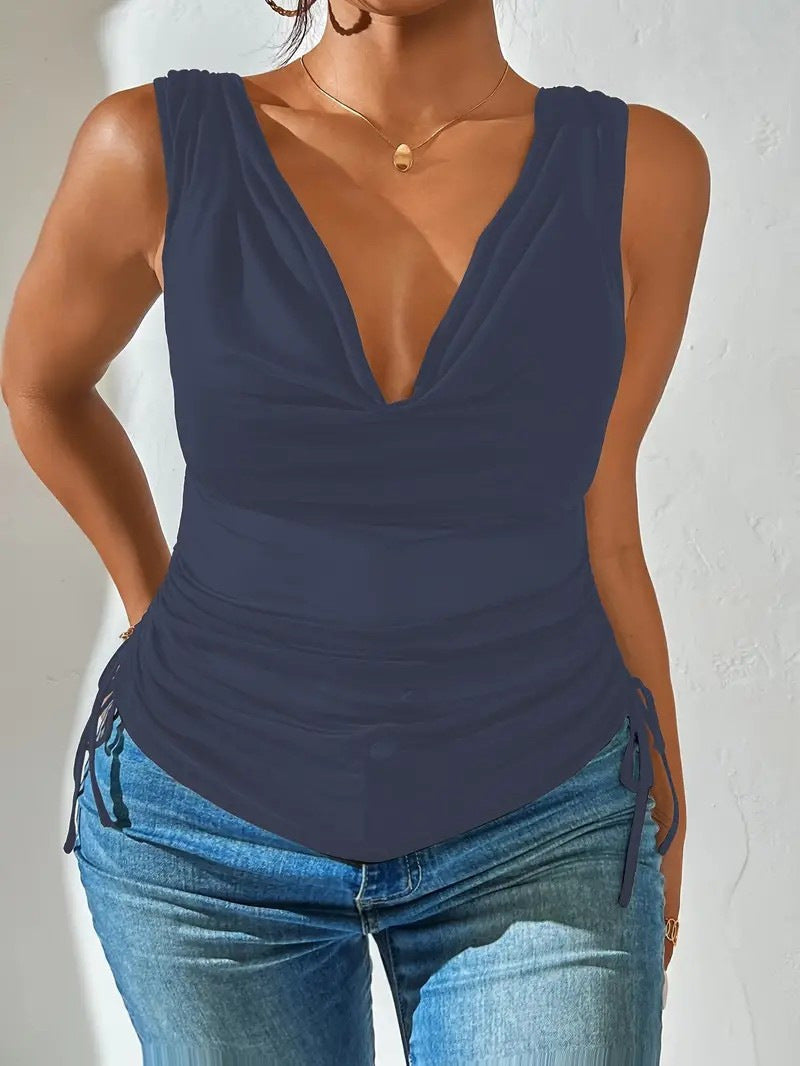 Women Sleeveless Draped V-Neck Top with Side Tuck Mune Fashion