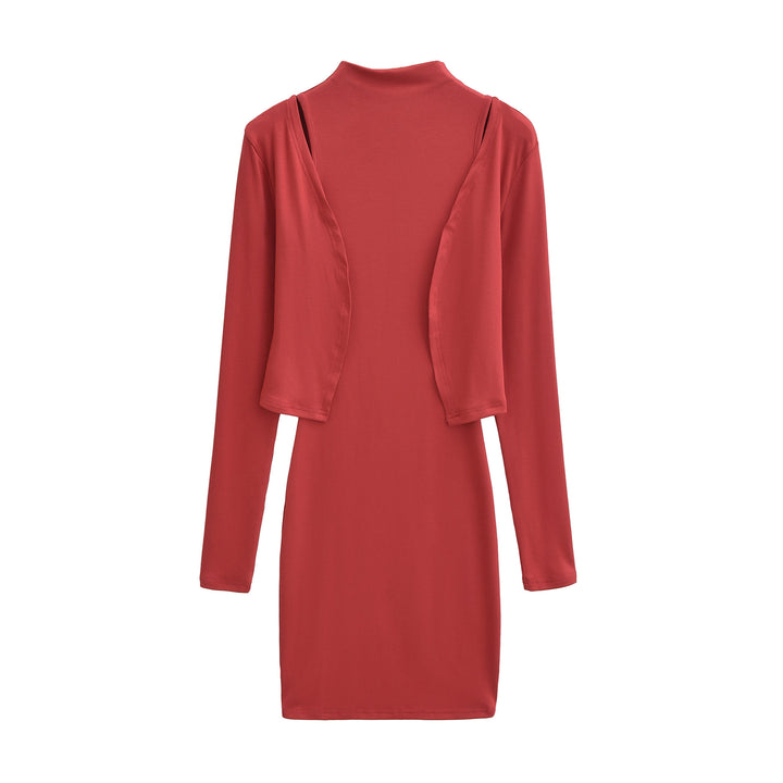 Ladies Figured Close-Fitting Midi Dress with Integrated Bolero and Stand-Up Collar Mune Fashion
