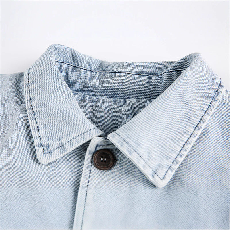 Unisex Lightweight Oversized Denim Jacket with Shirt Collar, Elastic Hem and Raglan Sleeves Mune Fashion