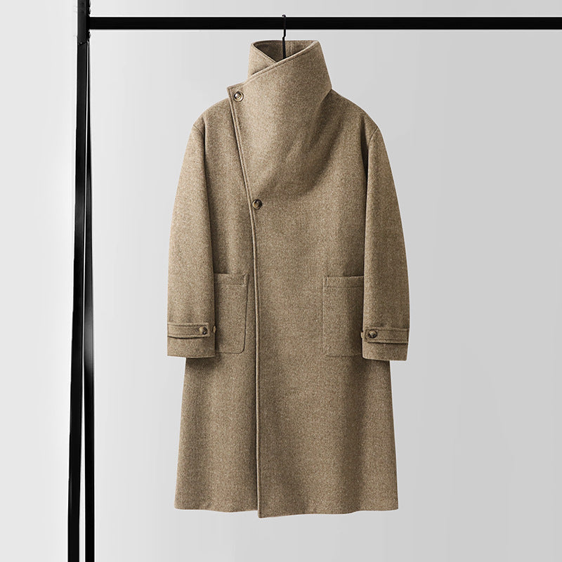 Men's Maxilength Wool Coat with High Stand-up Collar, Asymmetric Button Placket and Tied Belt Mune Fashion