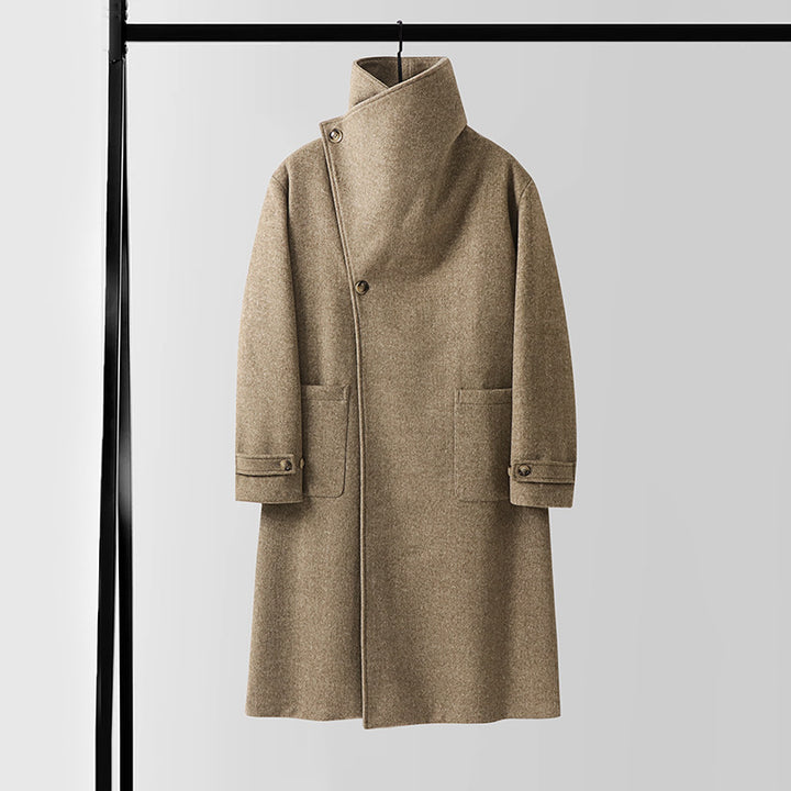 Men's Maxilength Wool Coat with High Stand-up Collar, Asymmetric Button Placket and Tied Belt Mune Fashion