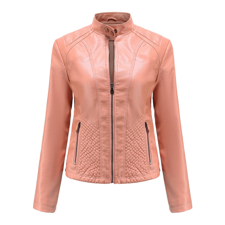 Women's fitted faux leather jacket in biker style with standing collar and quilted side panels Mune Fashion