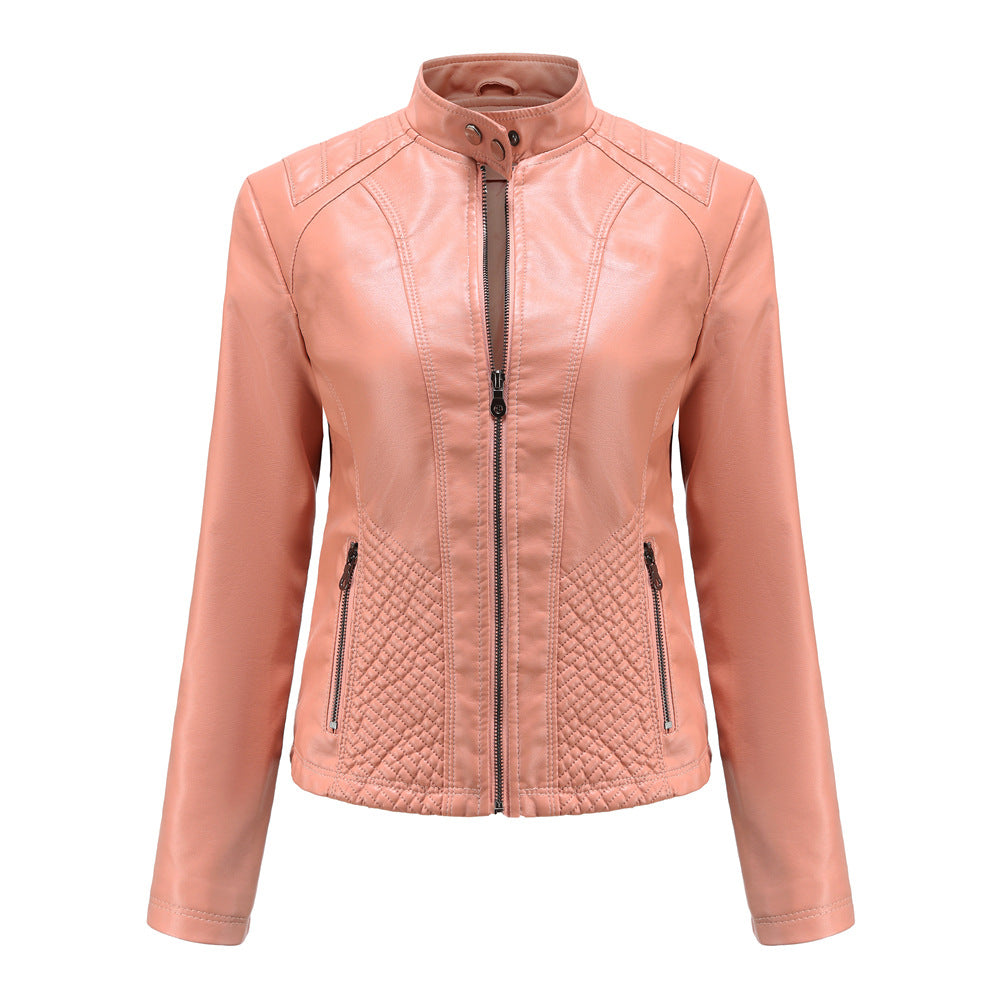 Women's fitted biker faux leather jacket with stand collar and quilted side panel Mune Fashion