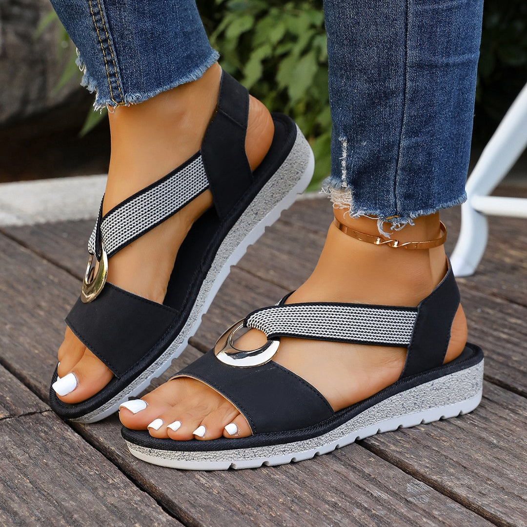 Women's Comfortable Wedge Sandals with Toe Post, Elastic Strap and Decorative Metal Ring Mune Fashion