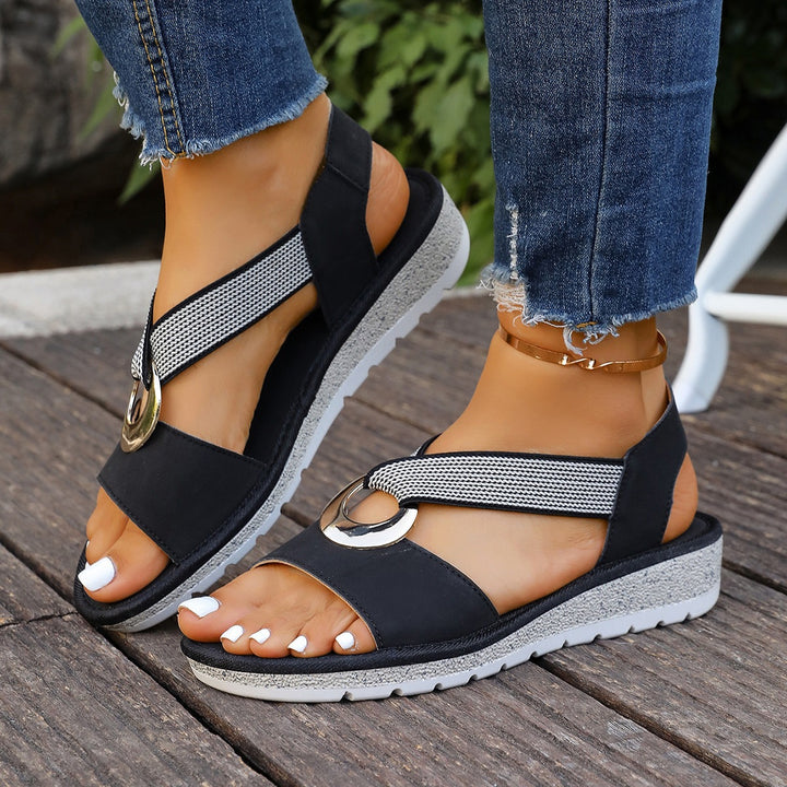 Women's Comfortable Wedge Sandals with Toe Post, Elastic Strap and Decorative Metal Ring Mune Fashion