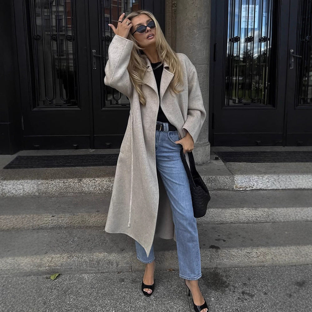 Women's Oversized Wool Blend Coat with Open Fall, Wide Shawl Collar, and Straight Cut Mune Fashion