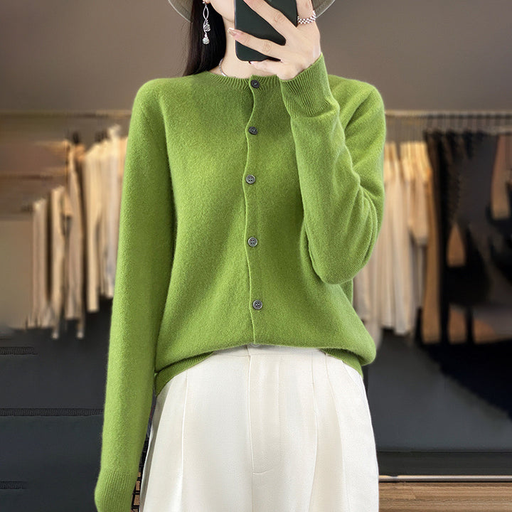 Women Lightweight Fine Knit Cardigan with Cashmere Look, Round Neckline and Hidden Button Placket Mune Fashion