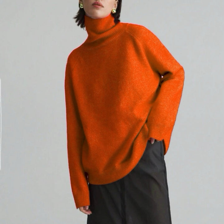 Women's Oversize Turtleneck Fine Knit Sweater with Raglan Sleeves and Side Slits Mune Fashion