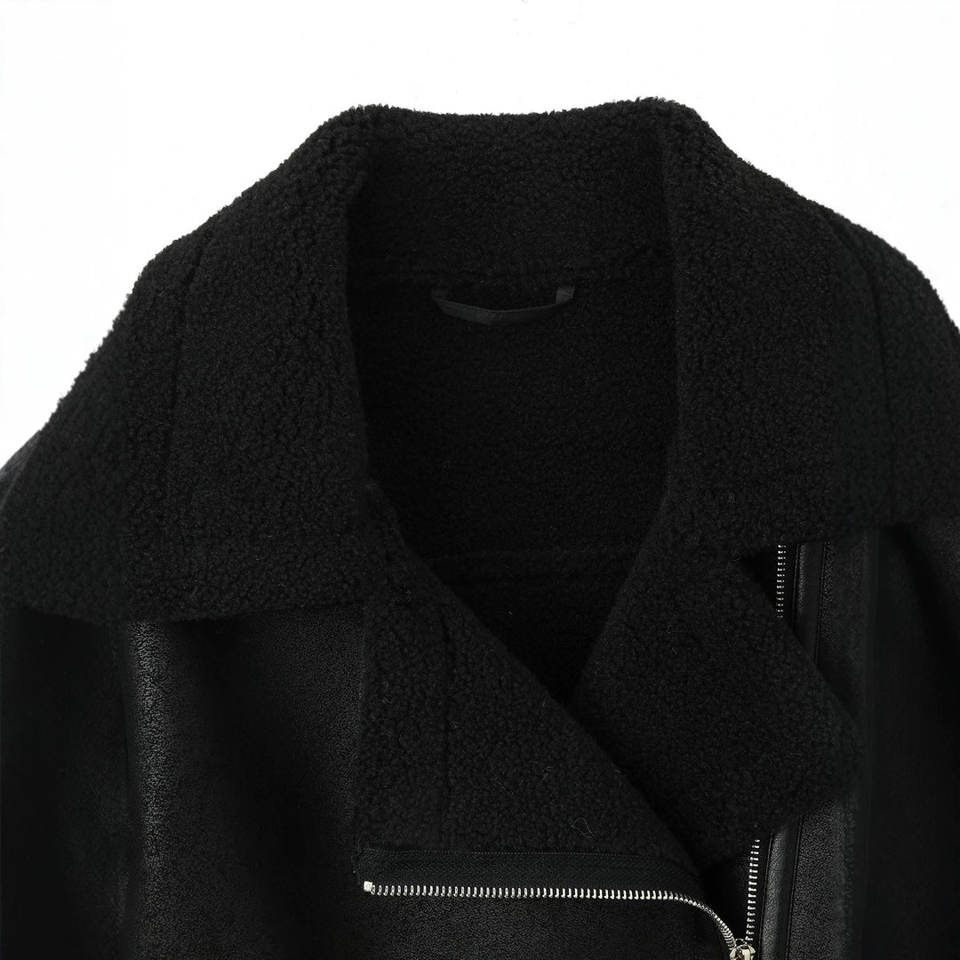Women's cropped pilot jacket in lambskin look with asymmetric zipper Mune Fashion