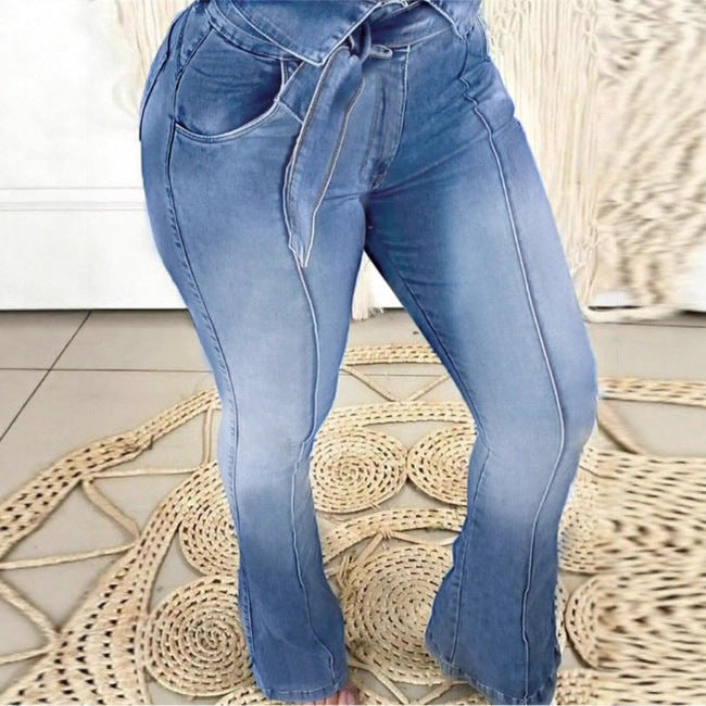 Women High-Waisted Paperbag Skinny Jeans with Ties and Vertical Seam Guidance Mune Fashion