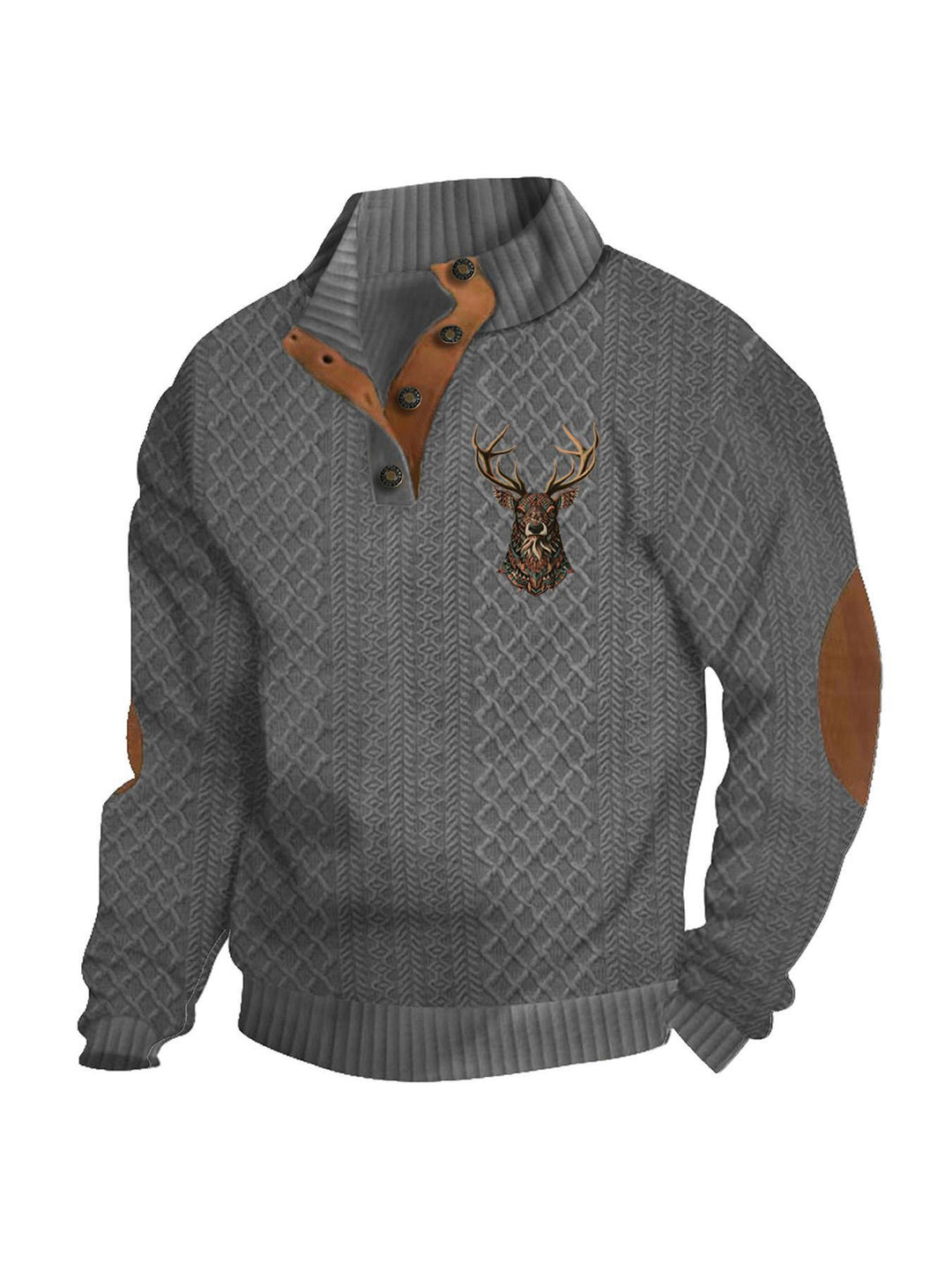 Men's nan Heritage textured pullover with stand-up collar faux leather trim elbow patches and half-button placket Mune Fashion