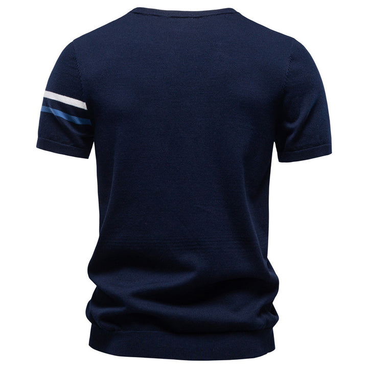 Men's fine cotton knit shirt with round neckline, short sleeves and contrasting sleeve stripes Mune Fashion