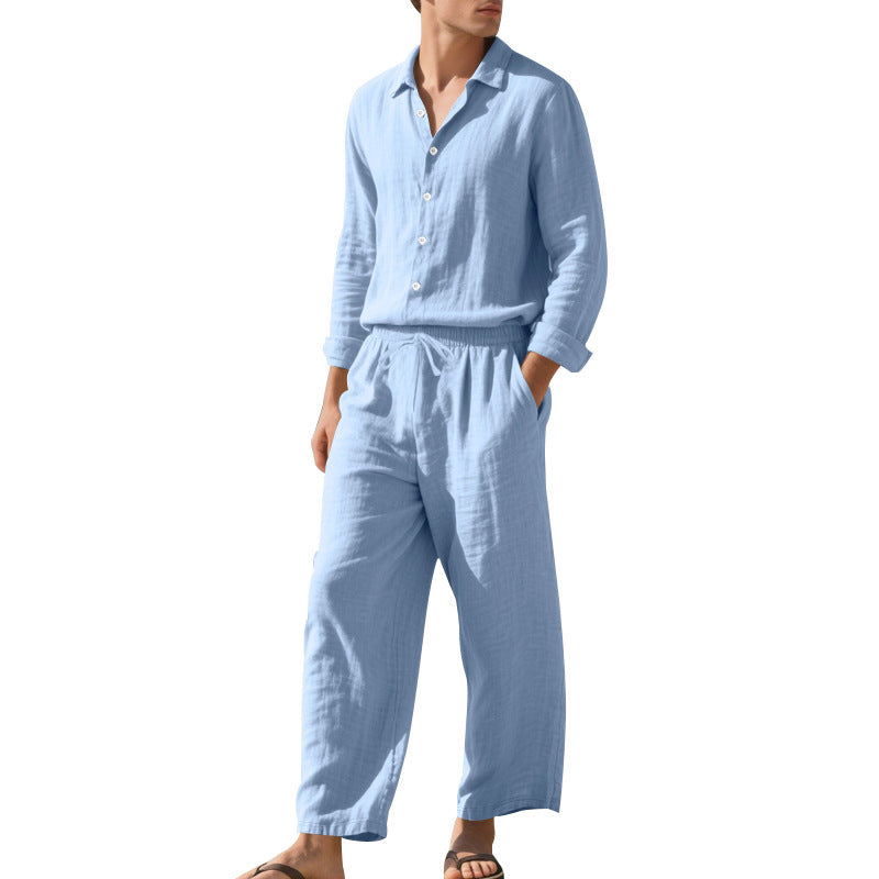 Men's relaxed linen set with open shirt collar and loose drawstring pants Mune Fashion