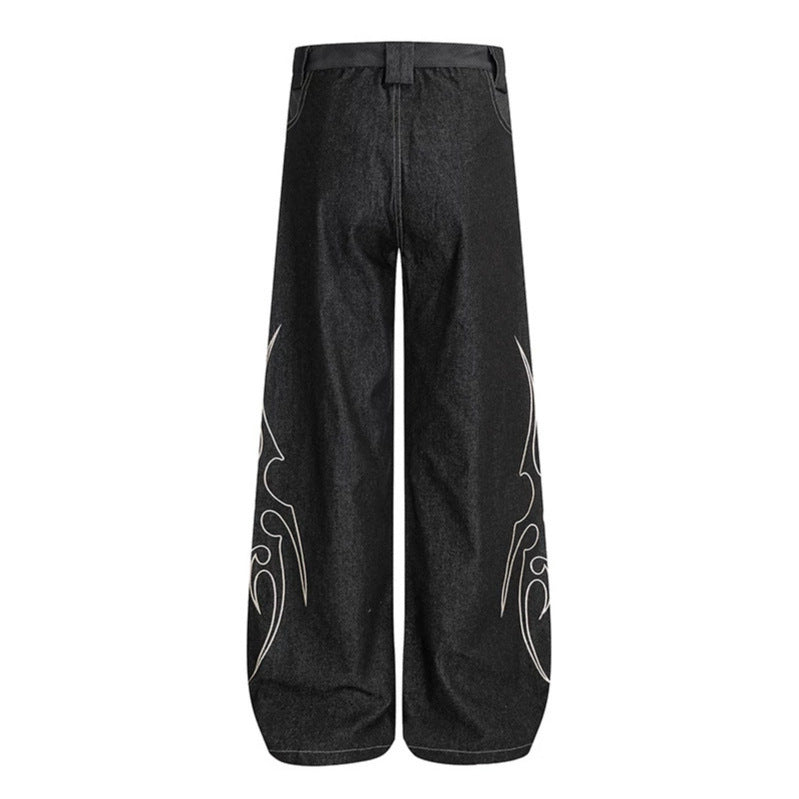 Women's Loose High-Waist Denim Cargo Pants with Flame Embroidery and Patch Pockets Mune Fashion