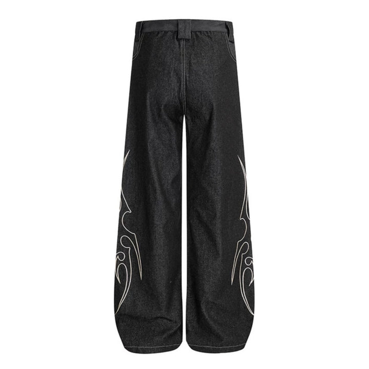 Women's Loose High-Waist Denim Cargo Pants with Flame Embroidery and Patch Pockets Mune Fashion