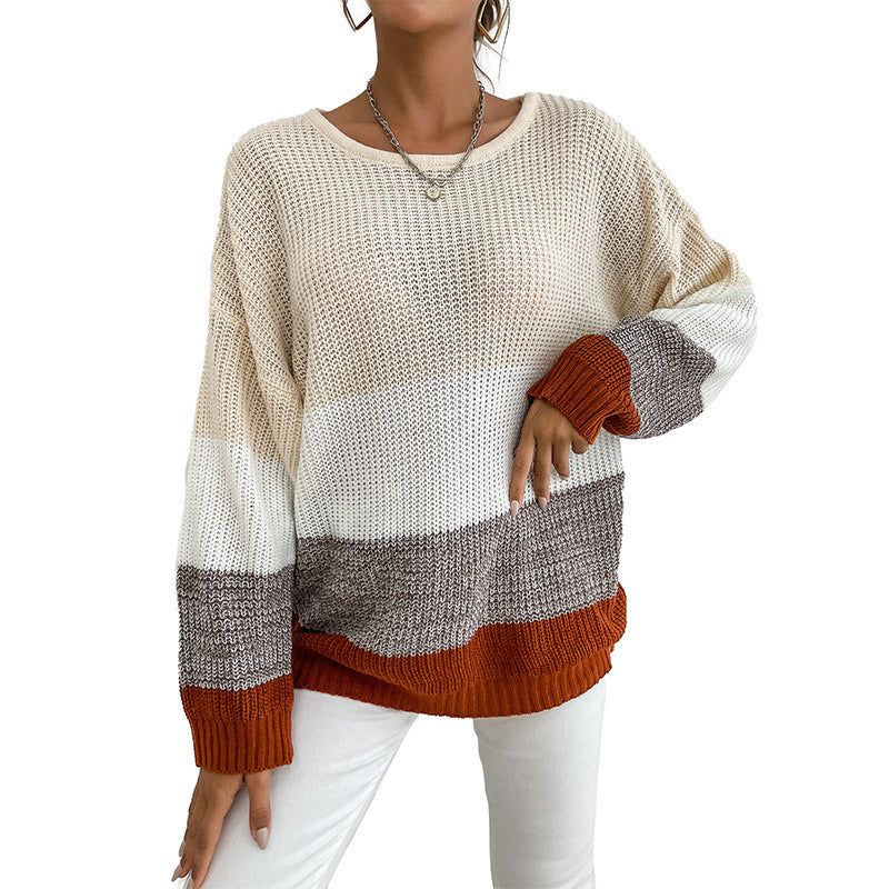 Women Chunky Knit Colorblock Pullover, Oversized with Round Neckline and Extended Cuffs Mune Fashion