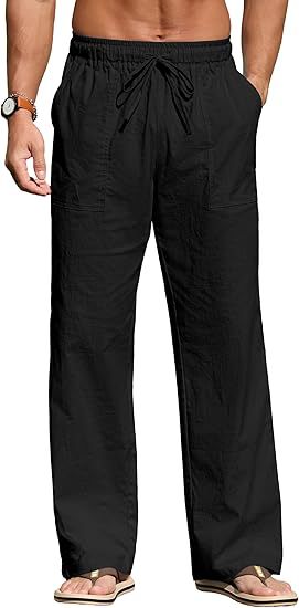 Men's lightweight linen pants with elastic waistband, drawstring, and patch pockets Mune Fashion