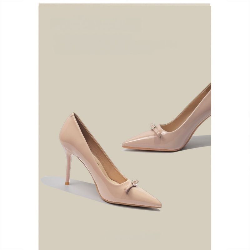 Women's pointed toe patent pumps with high stiletto heel and crystal bow appliqué Mune Fashion
