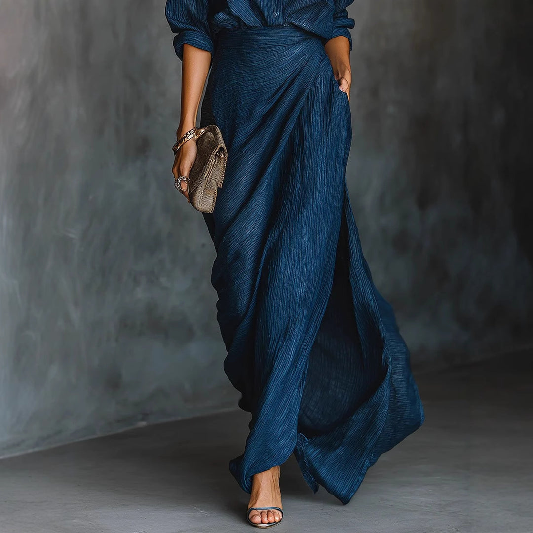 Ladies Draped Maxi Skirt with Wrap Effect and Crinkle Texture Mune Fashion