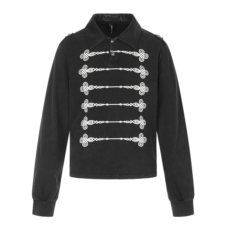 Women's polo sweatshirt in military style with decorative cord prints and leather collar Mune Fashion