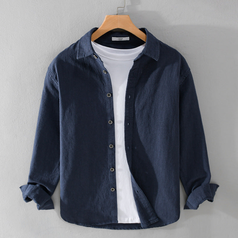 Men's Relaxed-Fit Linen Shirt with Continuous Button Placket and Shirt Collar Mune Fashion