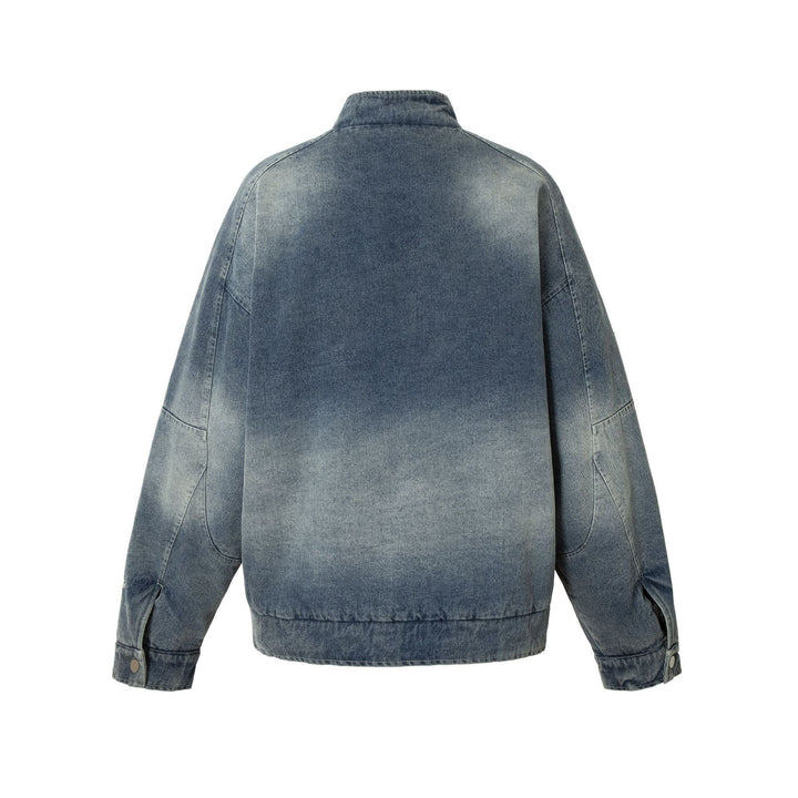 Men's jeans bomber jacket with vintage wash, patch detail and stand-up collar Mune Fashion