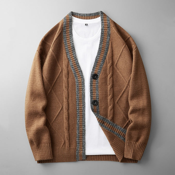 Men's knitted cardigan with cable pattern, V-neck and contrast edge Mune Fashion