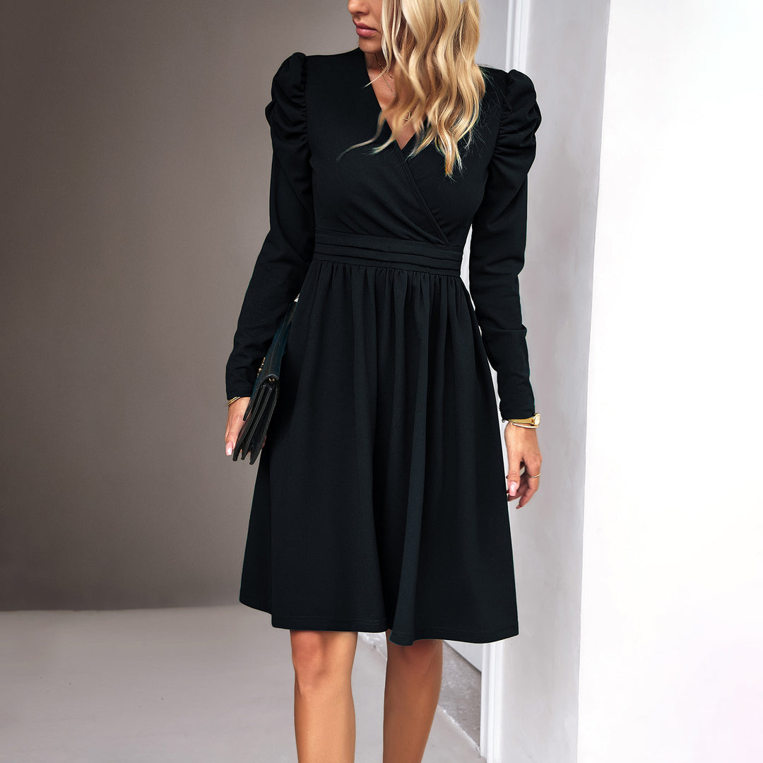 Ladies' wrap midi dress with puff sleeves, accentuated waist yoke, and flowing skirt Mune Fashion