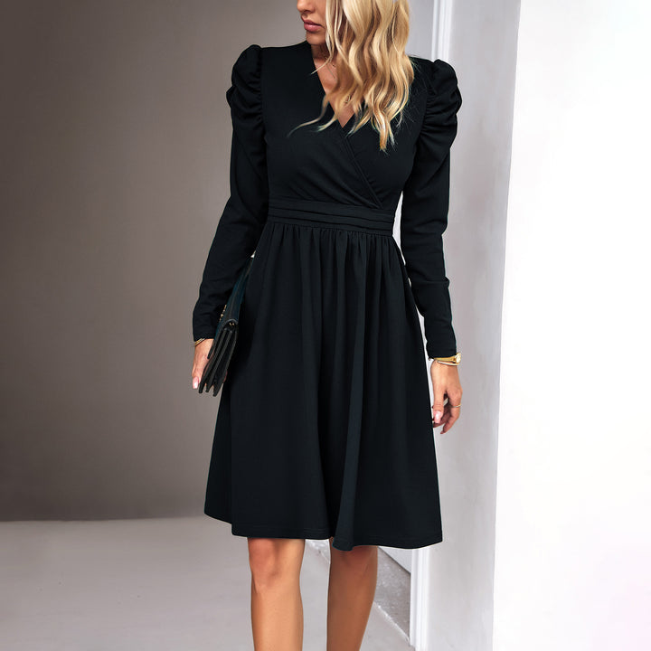 Ladies' wrap midi dress with puff sleeves, accentuated waist yoke, and flowing skirt Mune Fashion