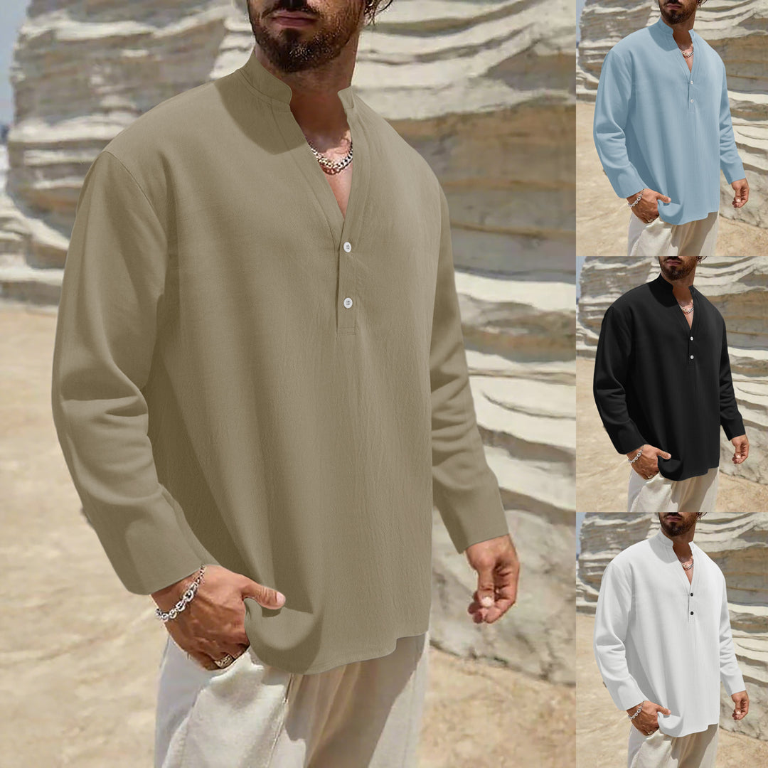 Men's Lightweight Linen Henley with Stand-up Collar and 2-Button Placket Mune Fashion