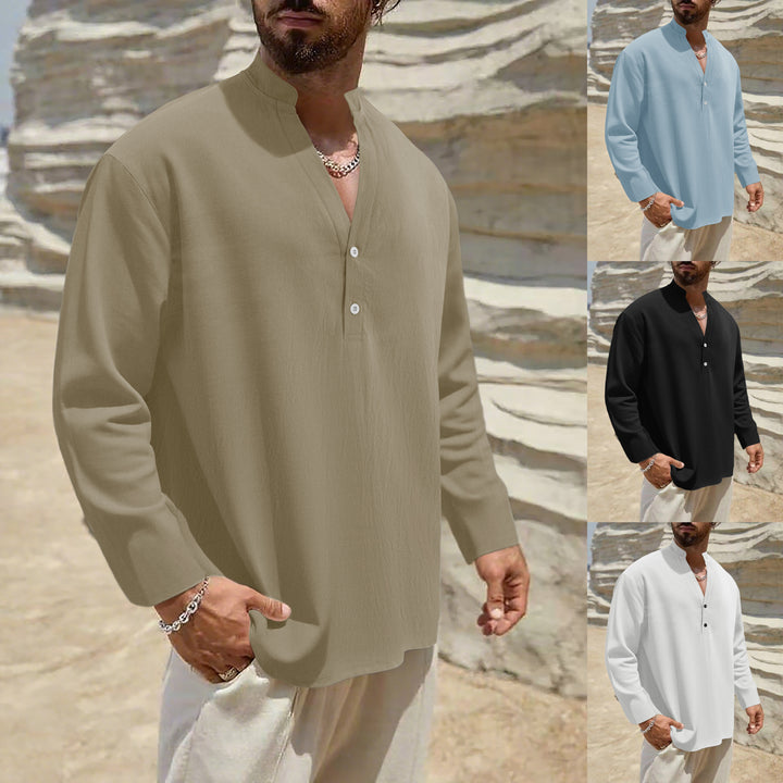 Men's Lightweight Linen Henley with Stand-up Collar and 2-Button Placket Mune Fashion