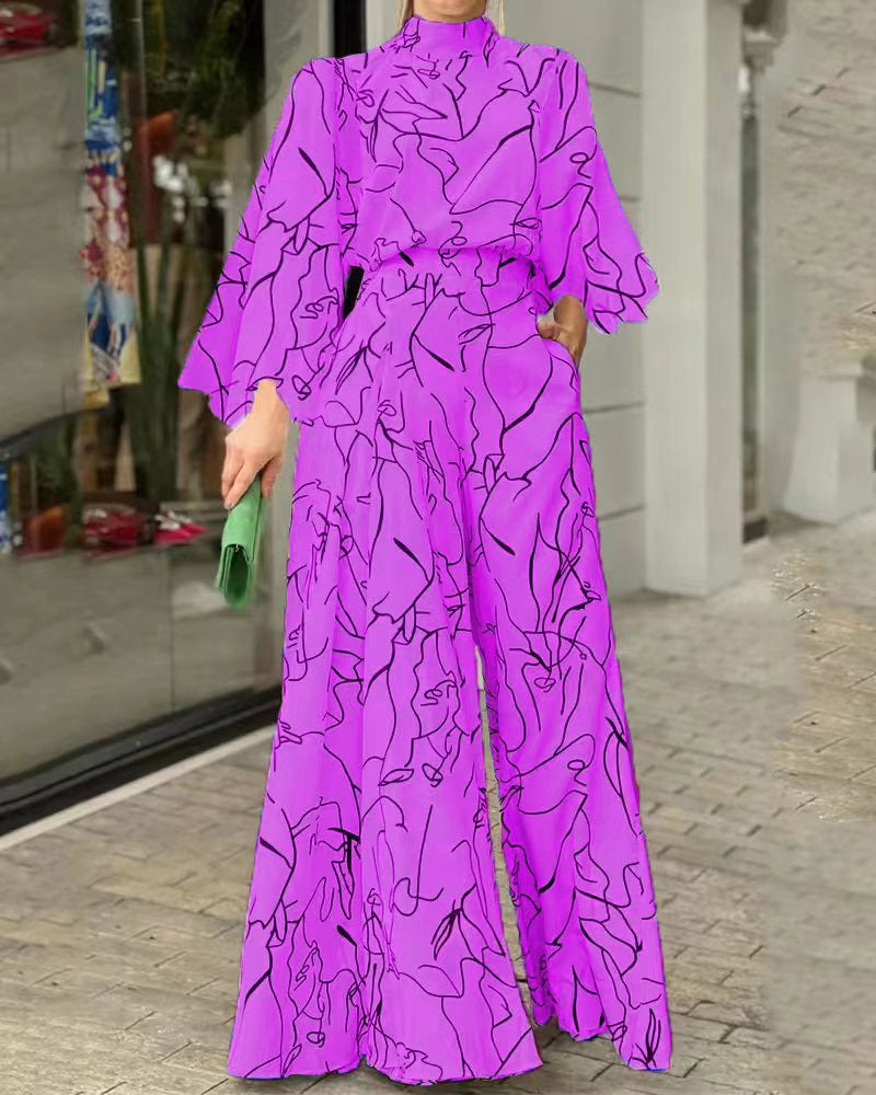 Women's Elegant Longline Jumpsuit with Stand Collar, Balloon Sleeves and Side Pockets