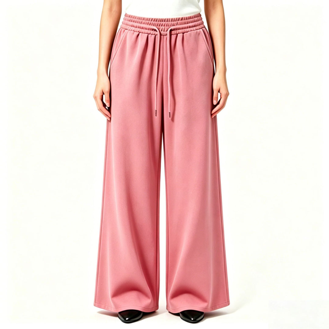 Ladies wide high-waist lounge pants with elastic waistband, drawstring, and flowing jersey Mune Fashion