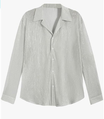 Women shimmering crinkle shirt blouse with viscose look shirt collar and cuffs Mune Fashion