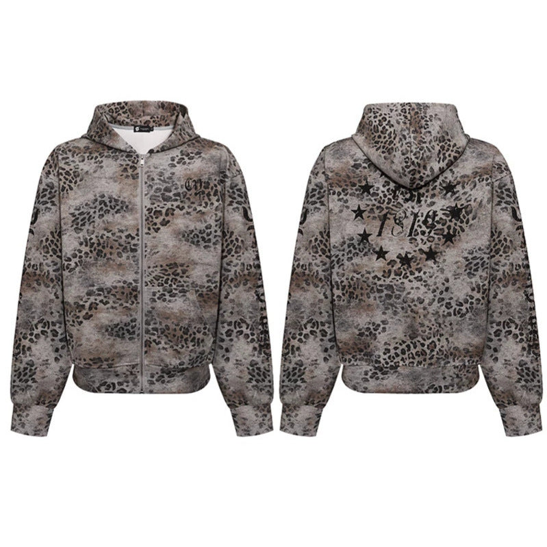 Women's hooded sweatshirt jacket with full zip and allover leopard print Mune Fashion